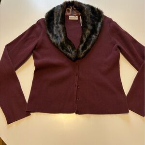 Ribbed Button-Down Long Sleeve with Removable Faux Fur Collar - Burgundy